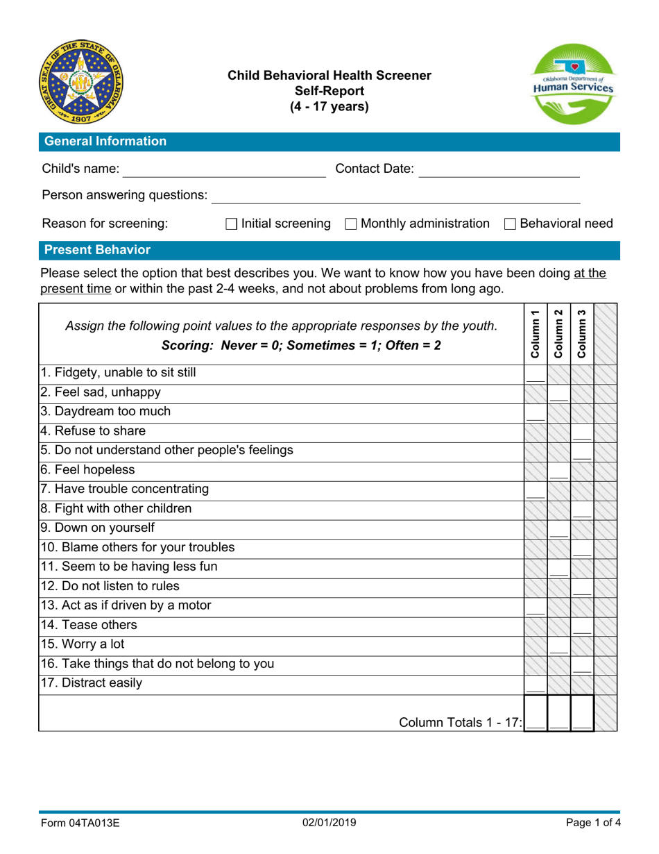 Form 04TA013E Child Behavioral Health Screener Self-report (4 - 17 Years) - Oklahoma, Page 1
