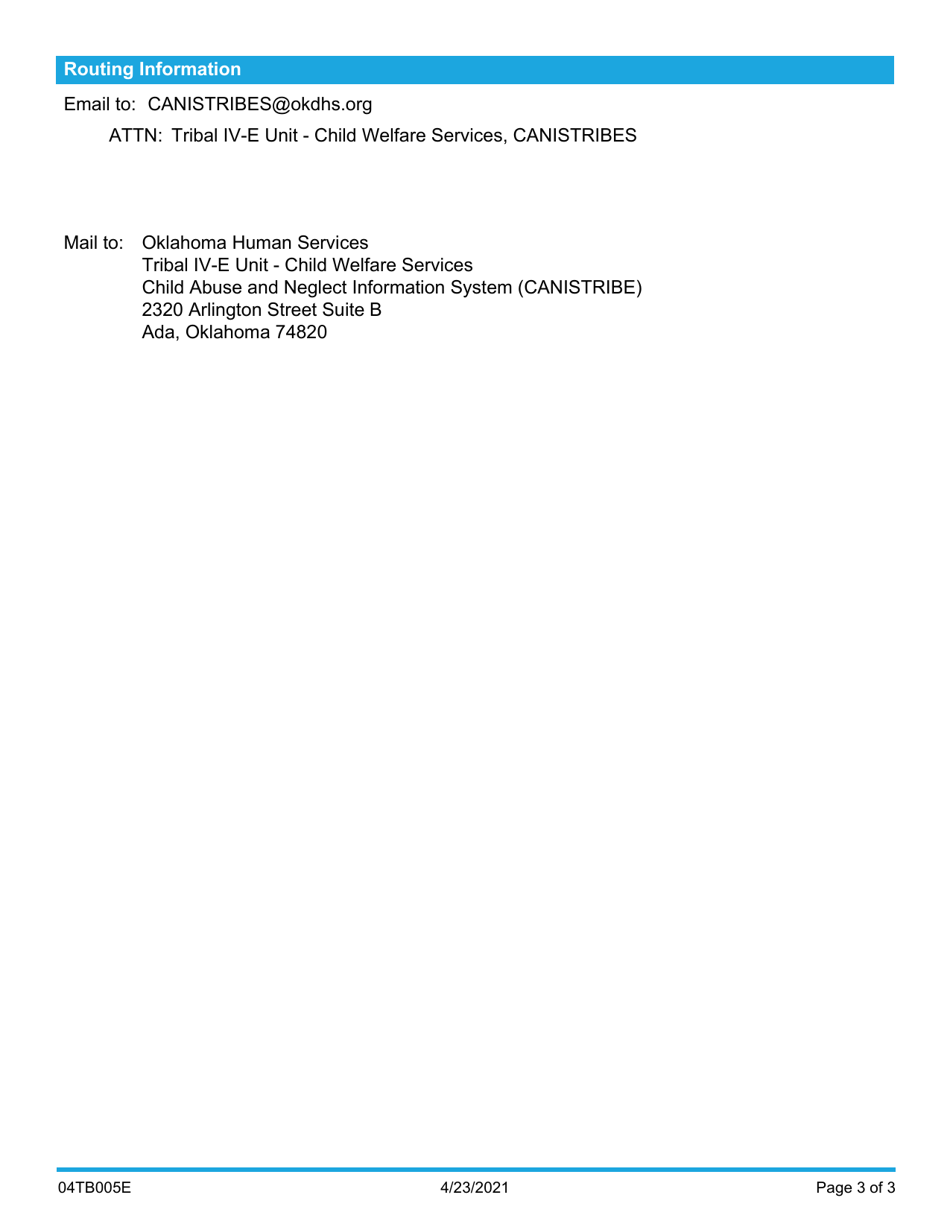 Form 04TB005E Release of Child Welfare Services History to Tribes - Oklahoma, Page 3