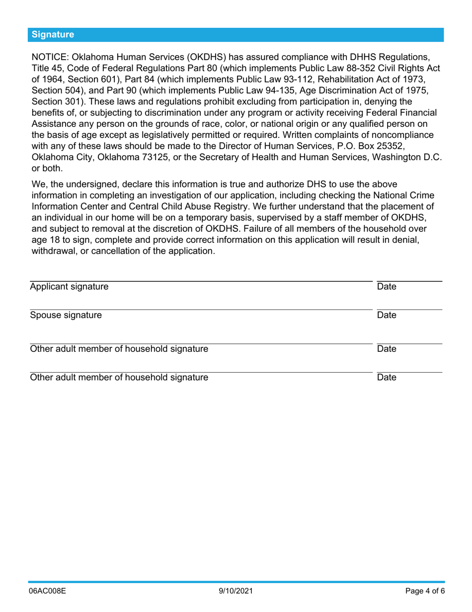 Form 06AC008E (DDS-8) Specialized Foster Care / Agency Companion Services Application - Oklahoma, Page 4