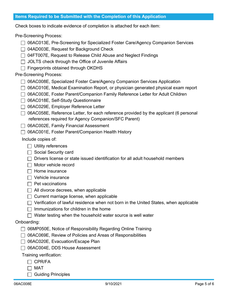 Form 06AC008E (DDS-8) Specialized Foster Care / Agency Companion Services Application - Oklahoma, Page 5