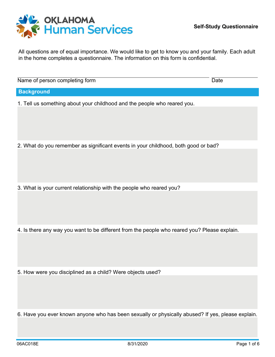 Form 06AC018E (DDS-18) Self-study Questionnaire - Oklahoma, Page 1