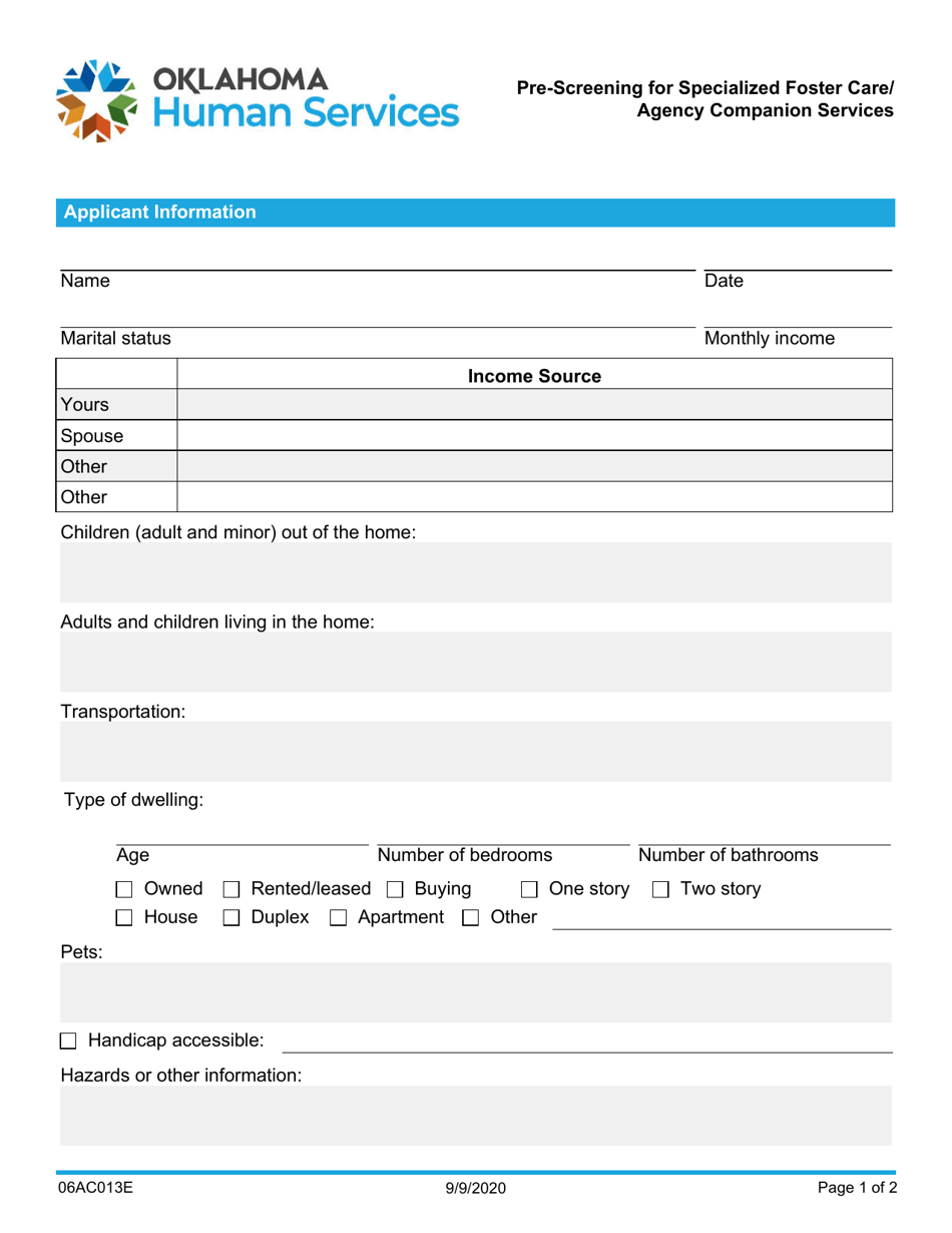Form 06AC013E Pre-screening for Specialized Foster Care / Agency Companion Services - Oklahoma, Page 1