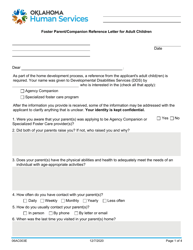 Document preview: Form 06AC003E Foster Parent/Companion Reference Letter for Adult Children - Oklahoma