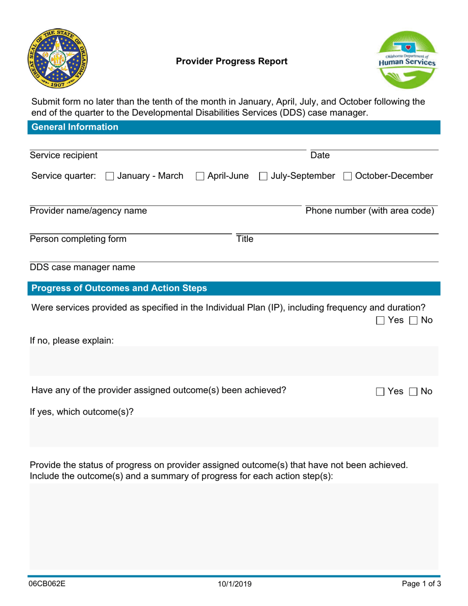 Form 06CB062E (DDS-62) Provider Progress Report - Oklahoma, Page 1