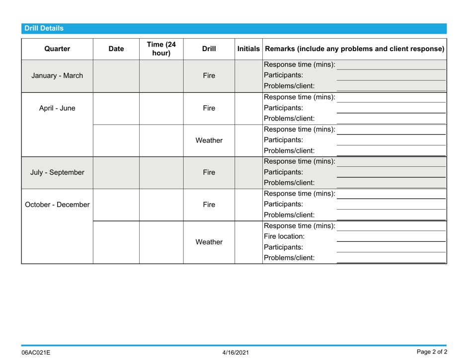 Form 06AC021E (DDS-21) Fire and Weather Drill Record - Oklahoma, Page 2