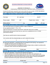 Document preview: Form 05SC006E Application for Admission to Understanding Process Improvement Yellow Belt Certification - Oklahoma