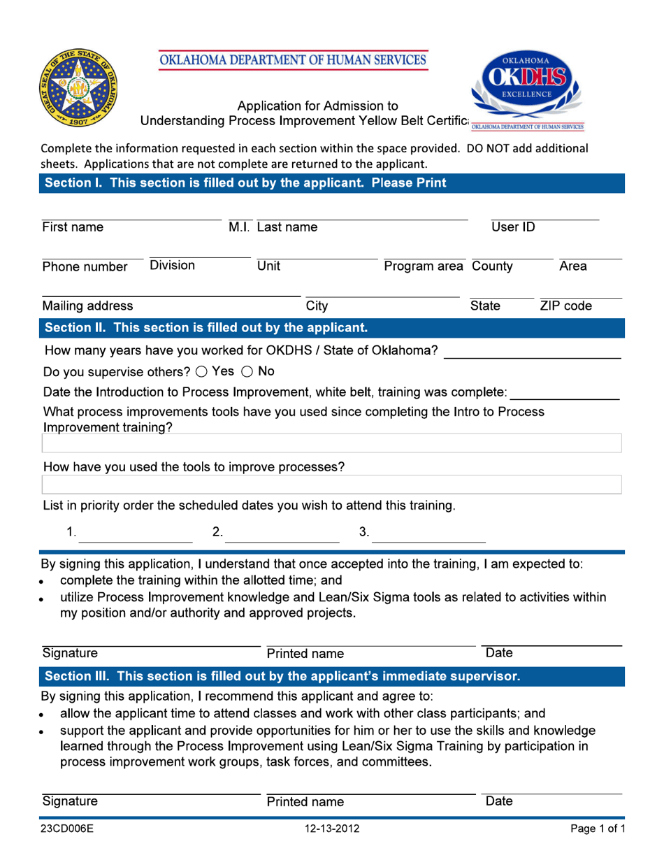 Form 05SC006E Application for Admission to Understanding Process Improvement Yellow Belt Certification - Oklahoma, Page 1