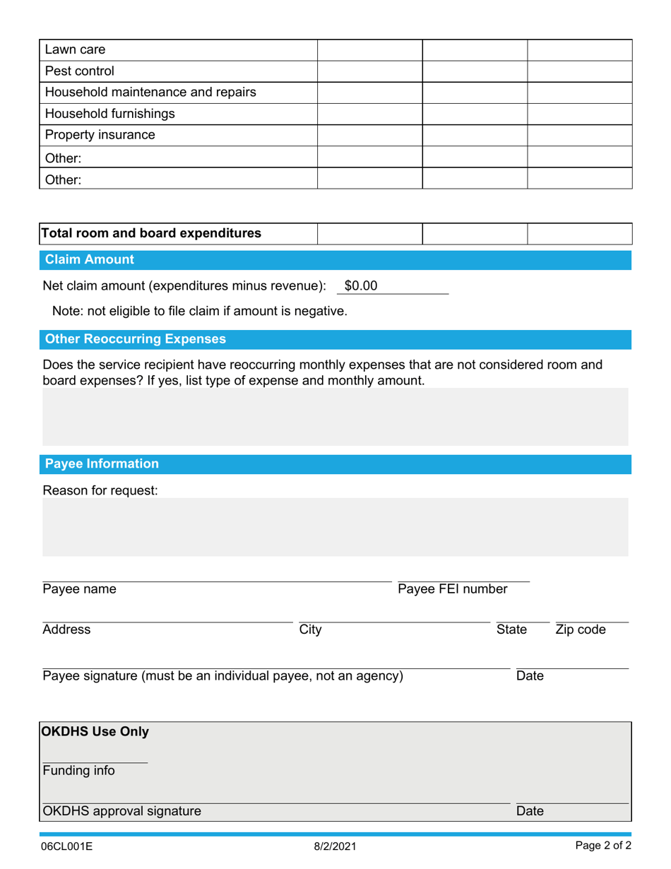 Form 06CL001E Room and Board Supplemental Claim Form - Oklahoma, Page 2