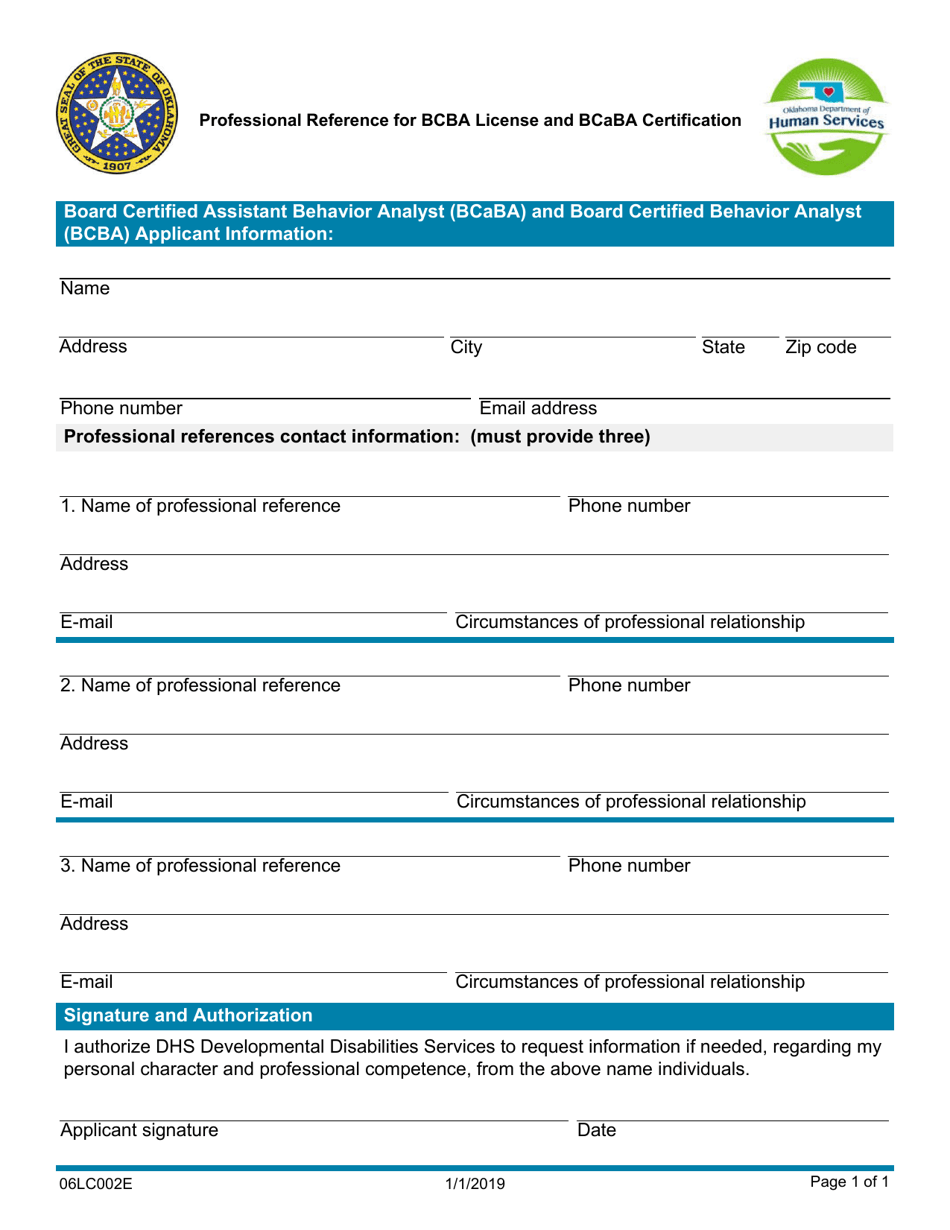 Form 06LC002E Professional Reference for Bcba License and Bcaba Certification - Oklahoma, Page 1
