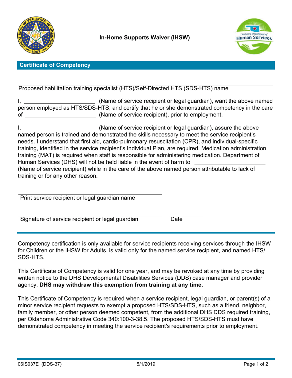 Form 06IS037E (DDS-37) In-home Supports Waiver - Certificate of Competency - Oklahoma, Page 1