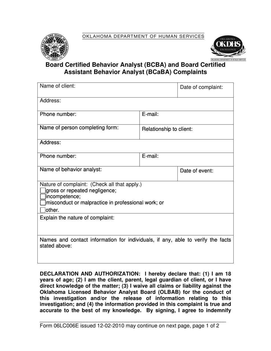 Form 06LC006E Board Certified Behavior Analyst (Bcba) and Board Certified Assistant Behavior Analyst (Bcaba) Complaints - Oklahoma, Page 1