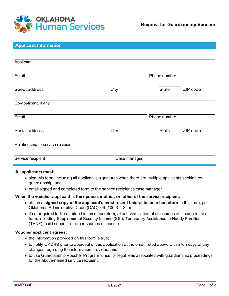 Form 06MP030E Request for Guardianship Voucher - Oklahoma, Page 1