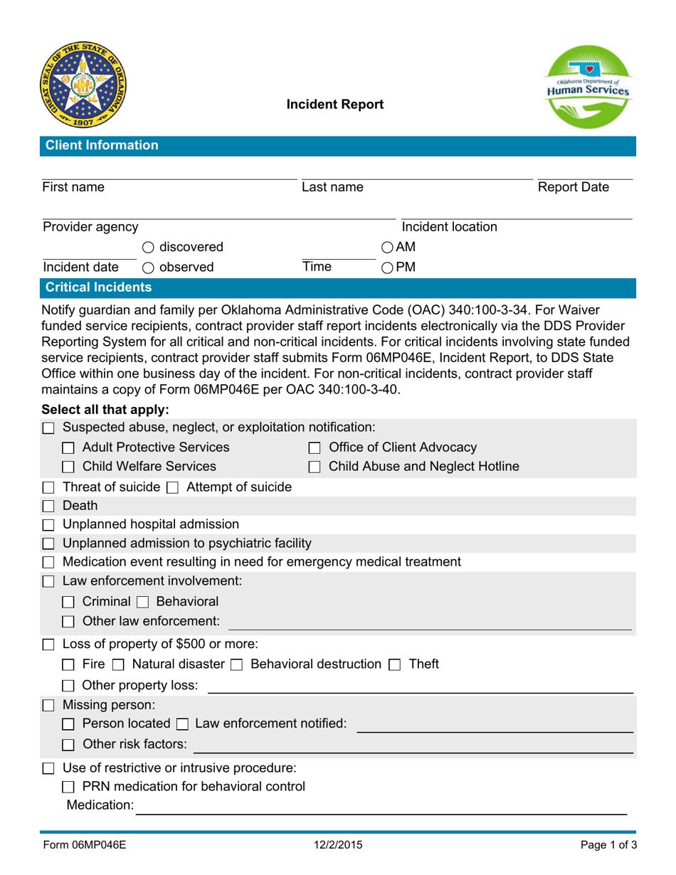 Form 06MP046E (DDS-46) Incident Report - Oklahoma, Page 1