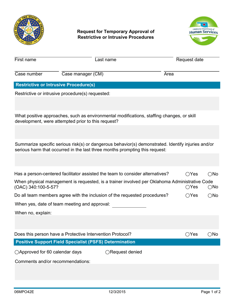 Form 06MP042E (DDS-42) Request for Temporary Approval of Restrictive or Intrusive Procedures - Oklahoma, Page 1