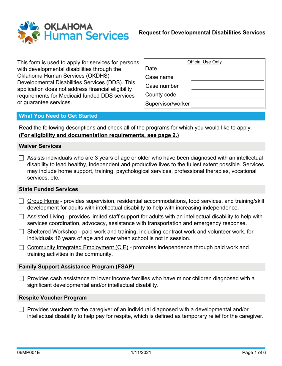 Form 06MP001E (DDS-1) Request for Developmental Disabilities Services - Oklahoma, Page 1