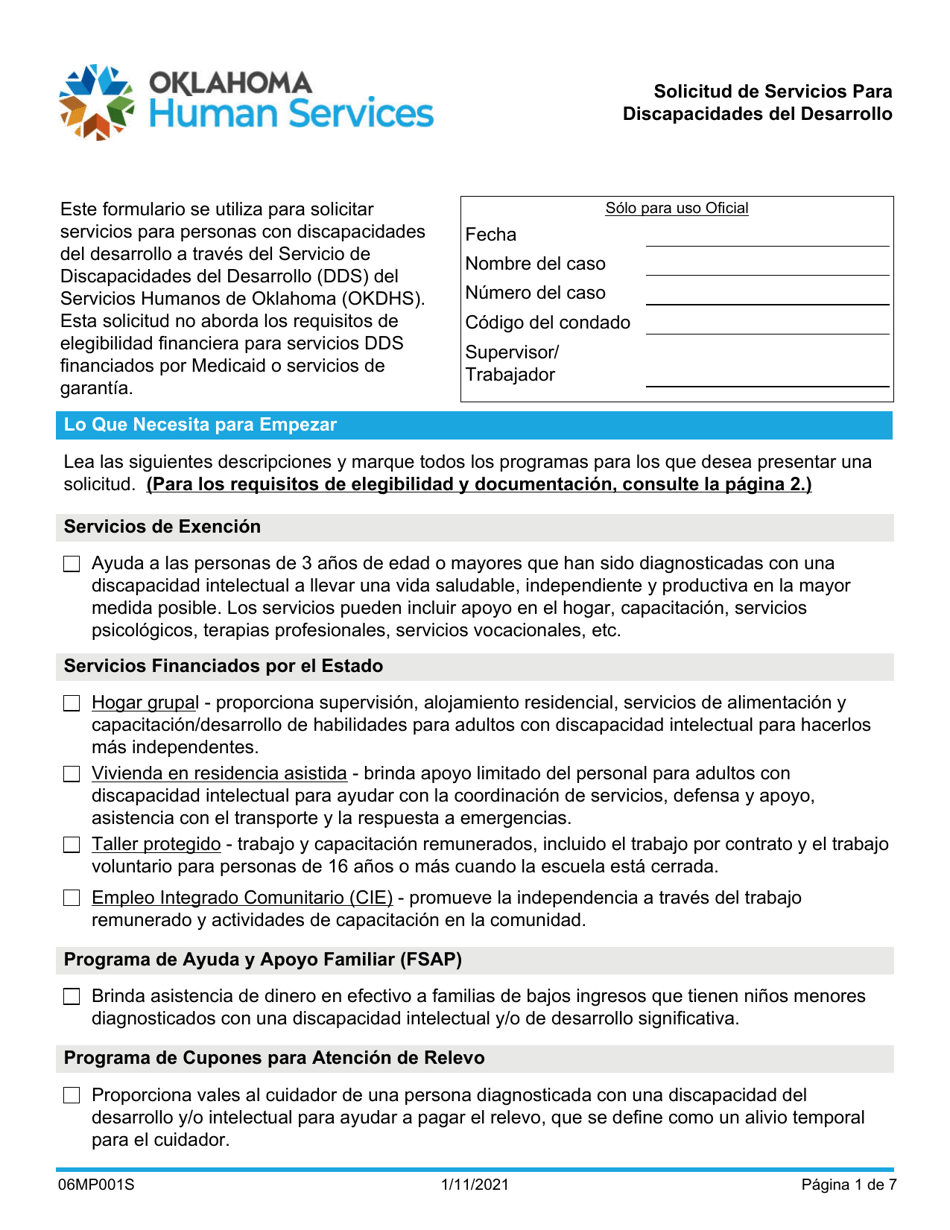 Formulario 06MP001S Solicitud De Servicios Para Discapacidades Del Desarrollo - Oklahoma (Spanish), Page 1