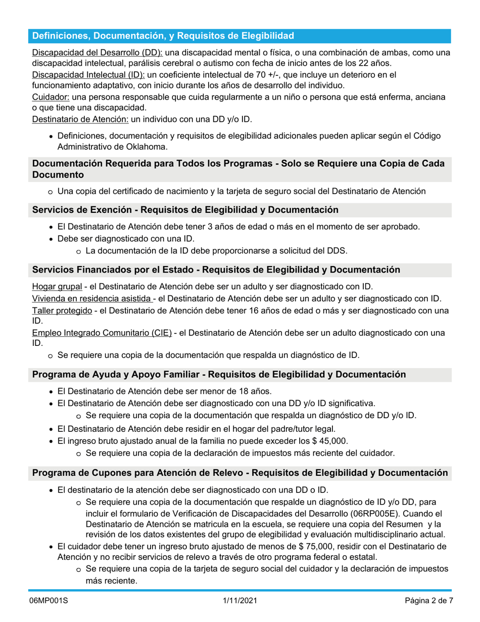Formulario 06MP001S Solicitud De Servicios Para Discapacidades Del Desarrollo - Oklahoma (Spanish), Page 2
