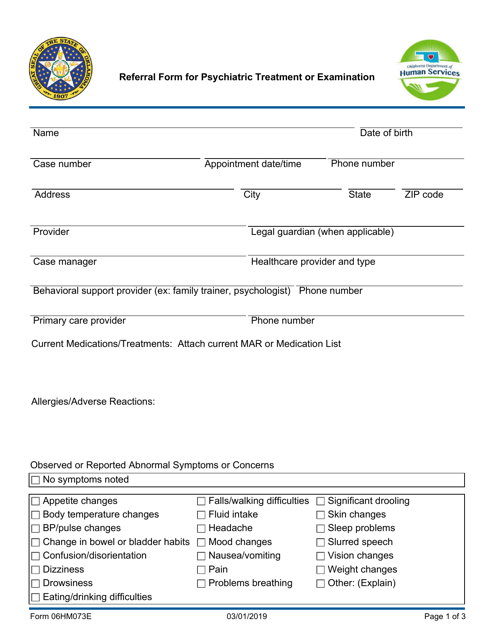 Form 06HM073E Referral Form for Psychiatric Treatment or Examination - Oklahoma
