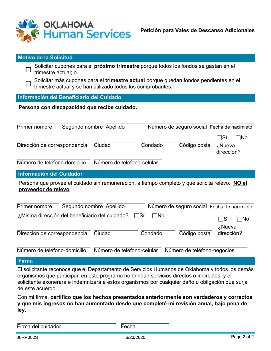 Formulario 06RP002S (DDS RVP2) Peticion Para Vales De Descanso Adicionales - Oklahoma (Spanish), Page 2