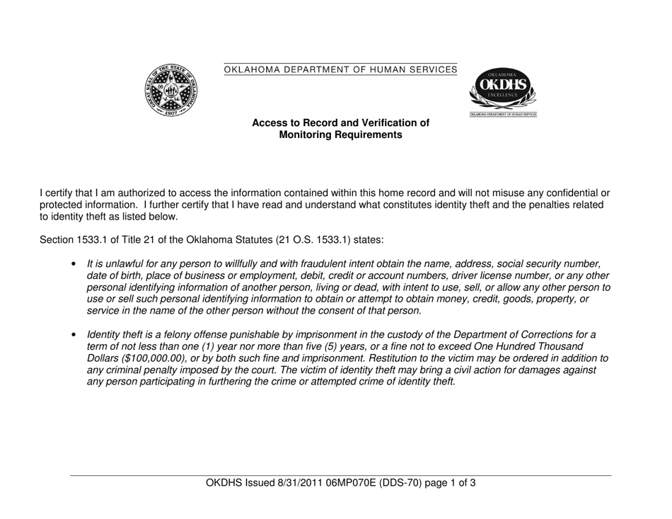 Form 06MP070E (DDS-70) Access to Record and Verification of Monitoring Requirements - Oklahoma, Page 1