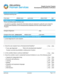 Document preview: Form 06RP005E Developmental Disabilities Verification - Respite Voucher Program - Oklahoma