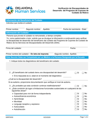 Formulario 06RP005S (RVP/DDS5) Verificacion De Discapacidades De Desarrollo Del Programa De Cupones De Cuidado De Relevo - Oklahoma (Spanish)