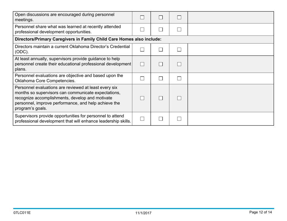 Form 07LC011E Oklahoma Quality Child Care Program Scale: Self-assessment - Oklahoma, Page 12