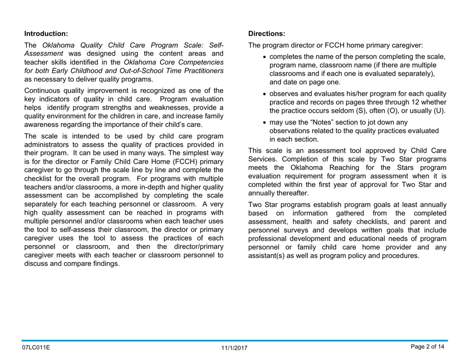 Form 07LC011E Oklahoma Quality Child Care Program Scale: Self-assessment - Oklahoma, Page 2