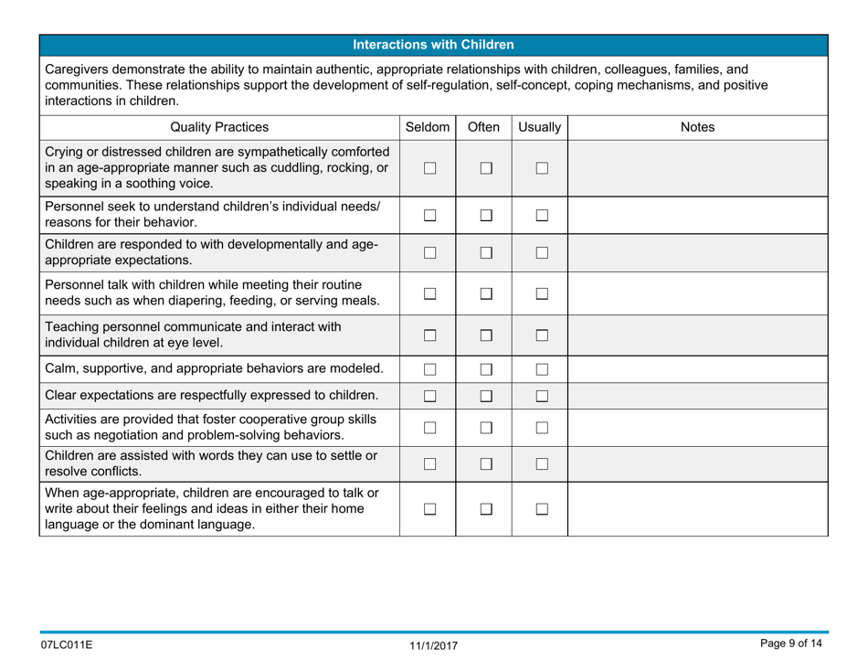 Form 07LC011E Oklahoma Quality Child Care Program Scale: Self-assessment - Oklahoma, Page 9