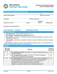 Document preview: Formulario 07LC025S Solicitud De Certificacion Estrella Centro De Cuidado Infantil - Oklahoma (Spanish)