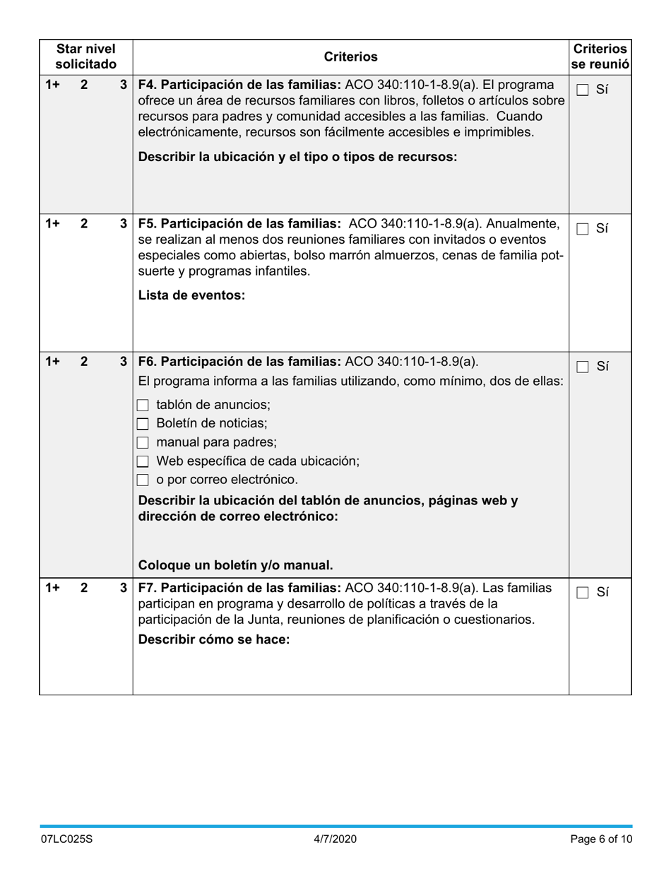 Formulario 07LC025S Solicitud De Certificacion Estrella Centro De Cuidado Infantil - Oklahoma (Spanish), Page 6