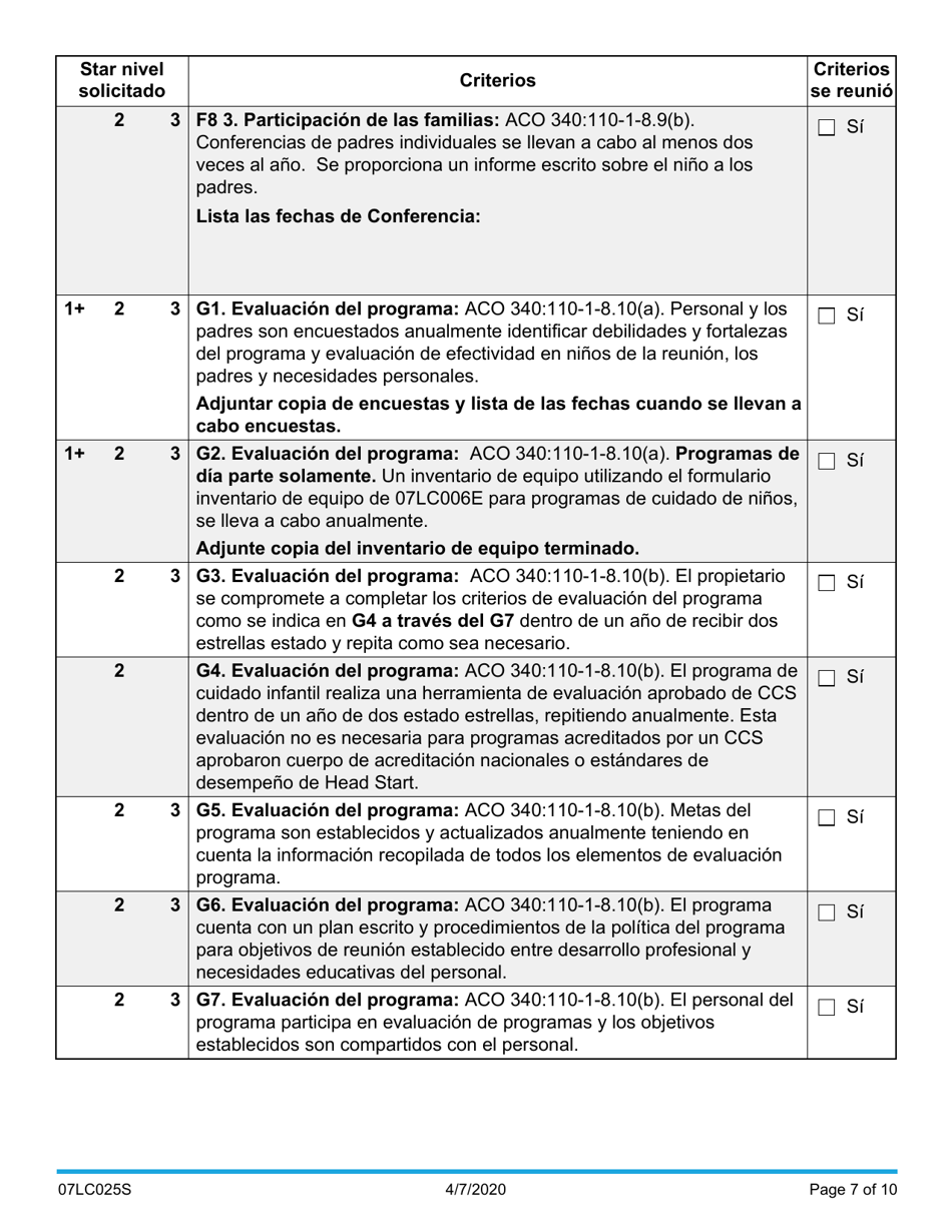 Formulario 07LC025S Solicitud De Certificacion Estrella Centro De Cuidado Infantil - Oklahoma (Spanish), Page 7