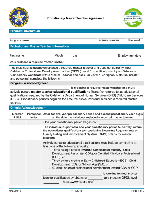 Form 07LC031E Probationary Master Teacher Agreement - Oklahoma