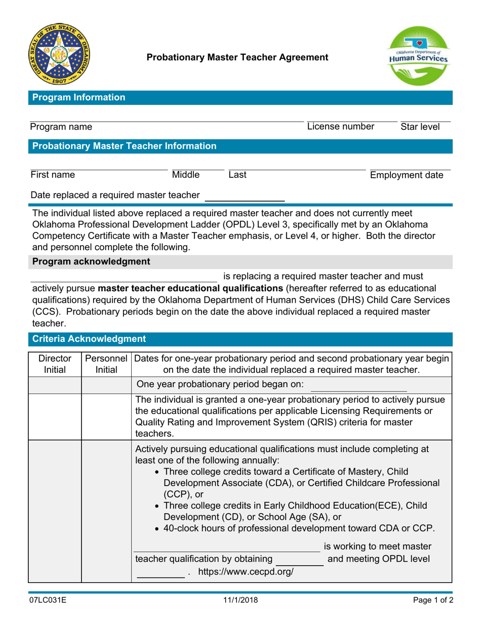 Form 07LC031E Probationary Master Teacher Agreement - Oklahoma, Page 1