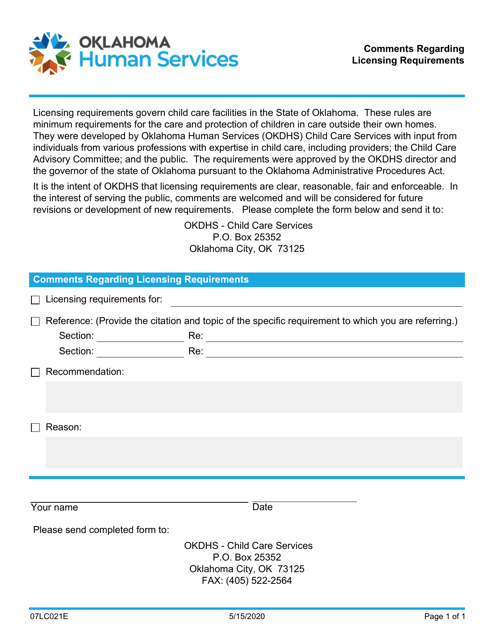 Form 07LC021E (OCC-021) Comments Regarding Licensing Requirements - Oklahoma