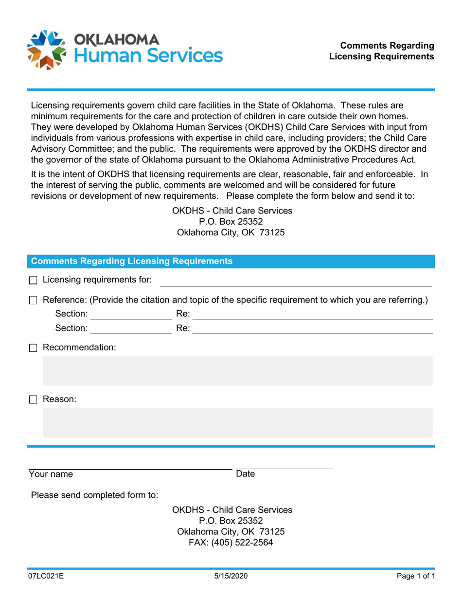 Form 07LC021E (OCC-021) Comments Regarding Licensing Requirements - Oklahoma, Page 1