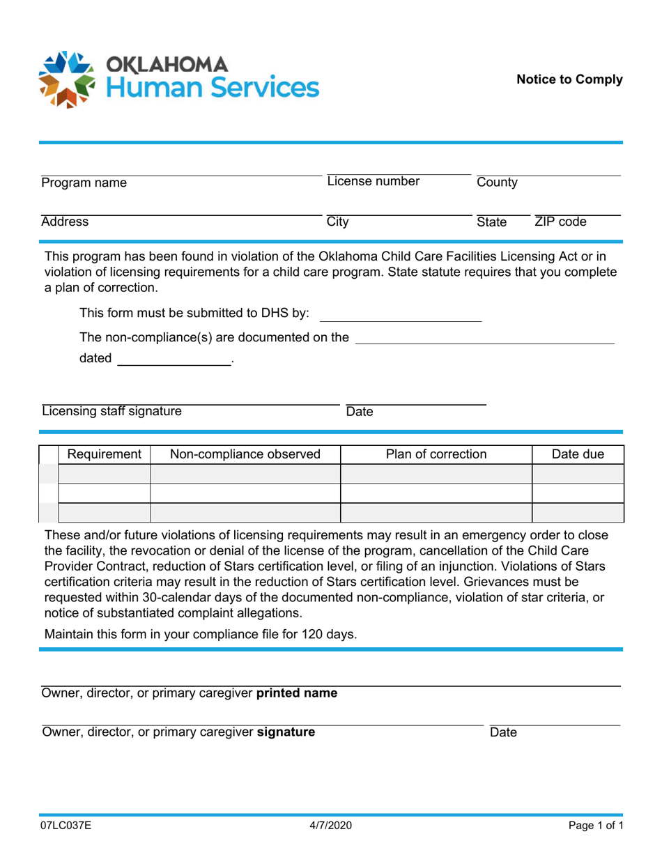 Form 07LC037E (OCC-037) Notice to Comply - Oklahoma, Page 1