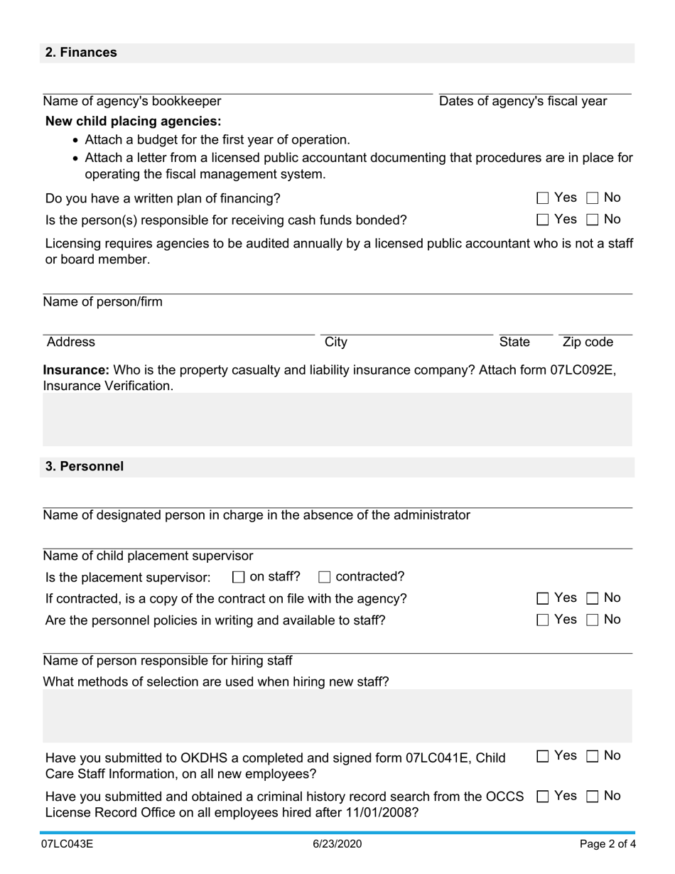 Form 07LC043E (OCC-43) Child Placing Agency Compliance Review - Oklahoma, Page 2