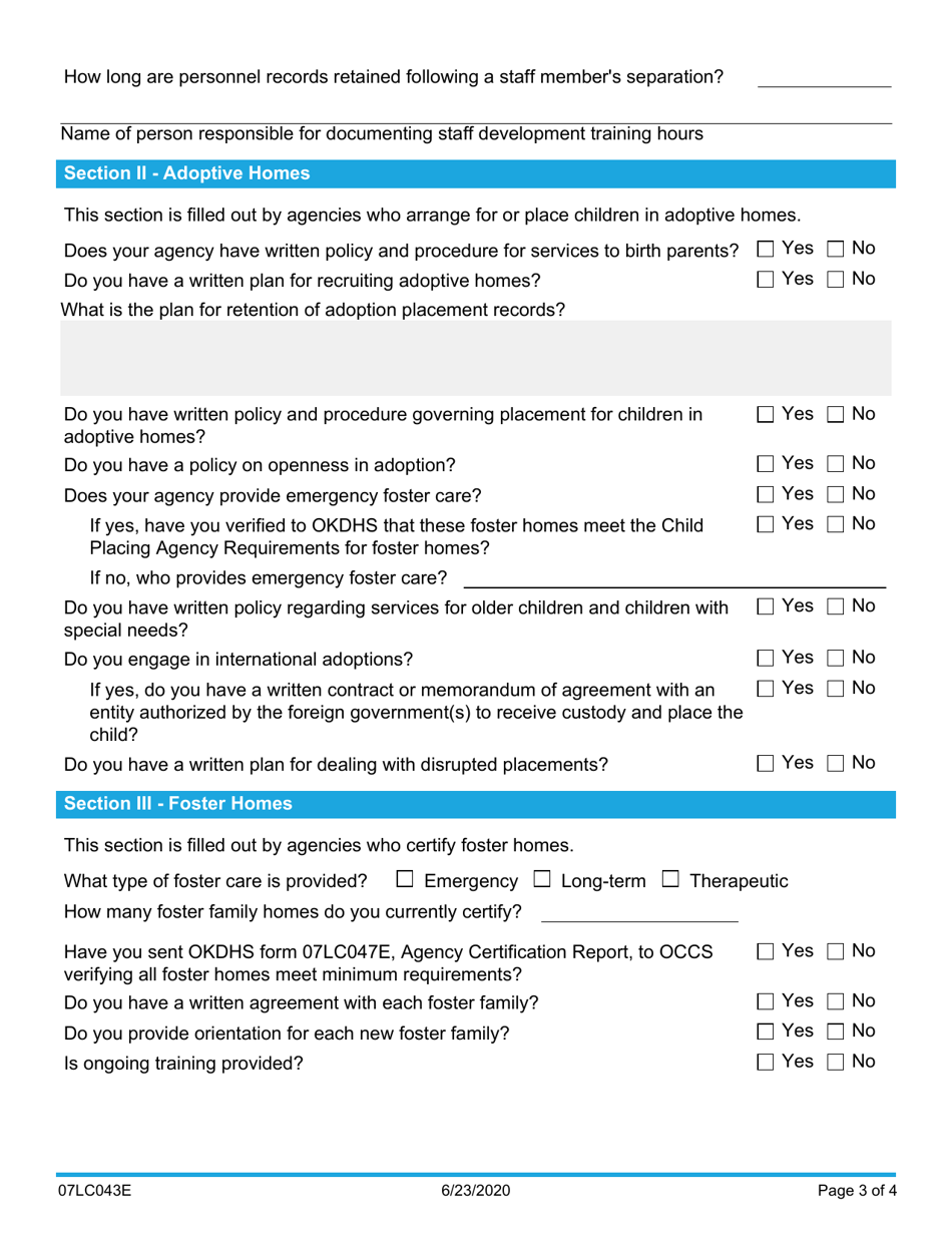 Form 07LC043E (OCC-43) Child Placing Agency Compliance Review - Oklahoma, Page 3