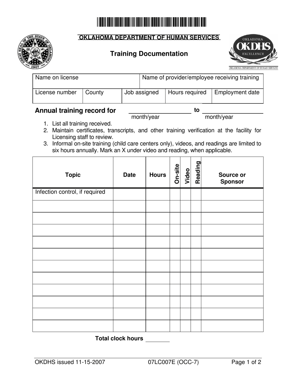 Form 07LC007E (OCC-7) Training Documentation - Oklahoma, Page 1