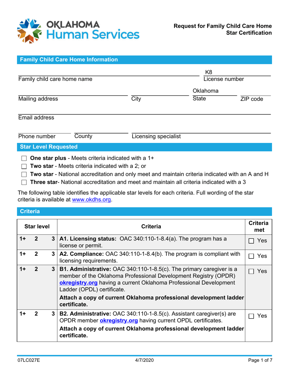 Form 07LC027E (OCC-27) Request for Family Child Care Home Star Certification - Oklahoma, Page 1