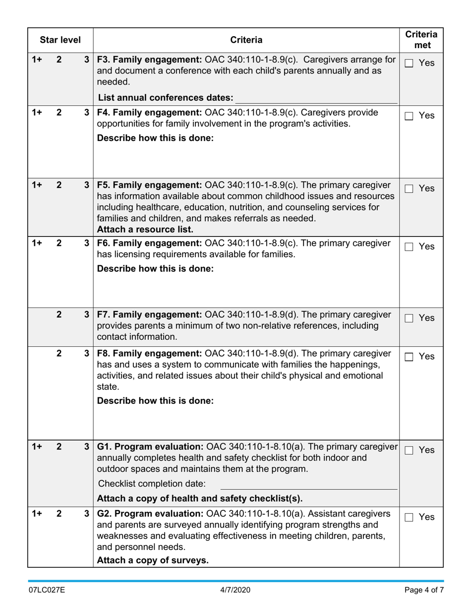 Form 07LC027E (OCC-27) Request for Family Child Care Home Star Certification - Oklahoma, Page 4