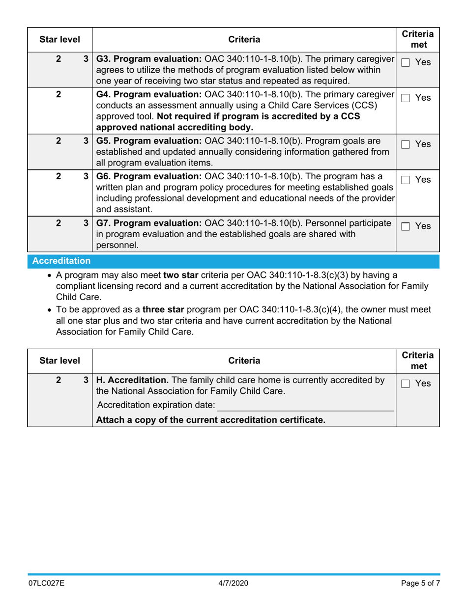 Form 07LC027E (OCC-27) Request for Family Child Care Home Star Certification - Oklahoma, Page 5