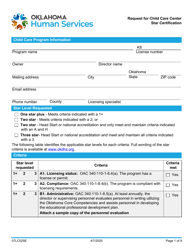 Document preview: Form 07LC025E (OCC-025) Request for Child Care Center Star Certification - Oklahoma