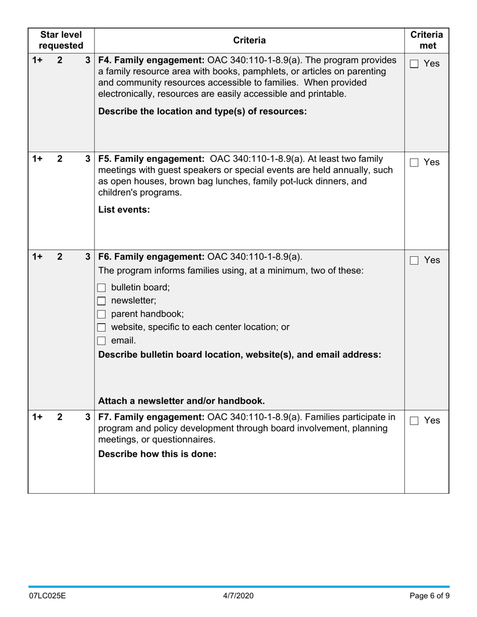 Form 07LC025E (OCC-025) Request for Child Care Center Star Certification - Oklahoma, Page 6