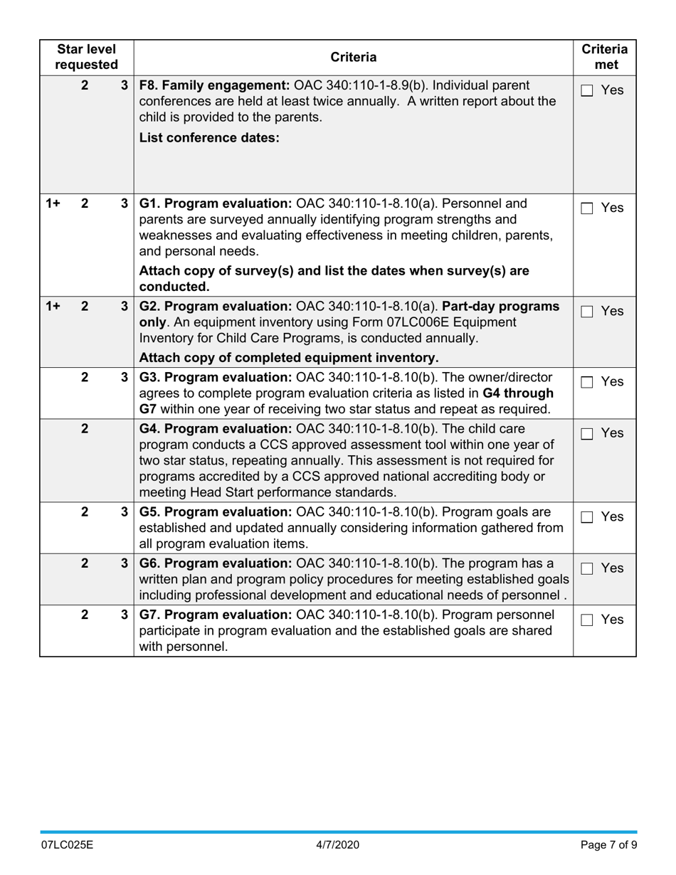 Form 07LC025E (OCC-025) Request for Child Care Center Star Certification - Oklahoma, Page 7