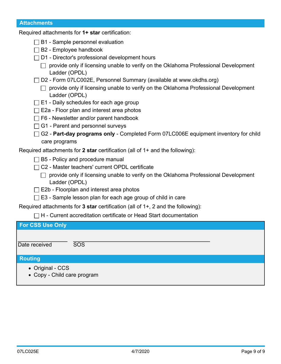 Form 07LC025E (OCC-025) Request for Child Care Center Star Certification - Oklahoma, Page 9