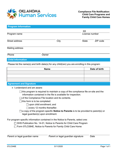 Form 07LC046E Compliance File Notification: Child Care Programs and Family Child Care Homes - Oklahoma