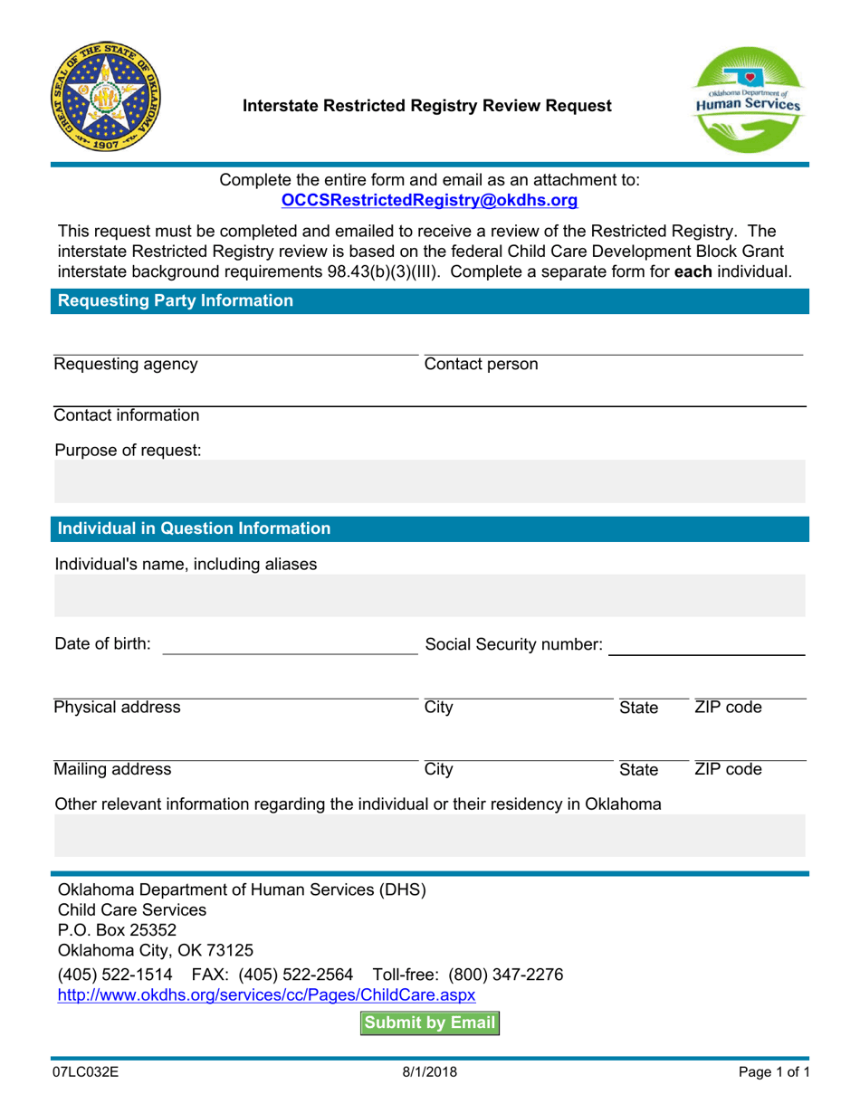 Form 07LC032E Interstate Restricted Registry Review Request - Oklahoma, Page 1