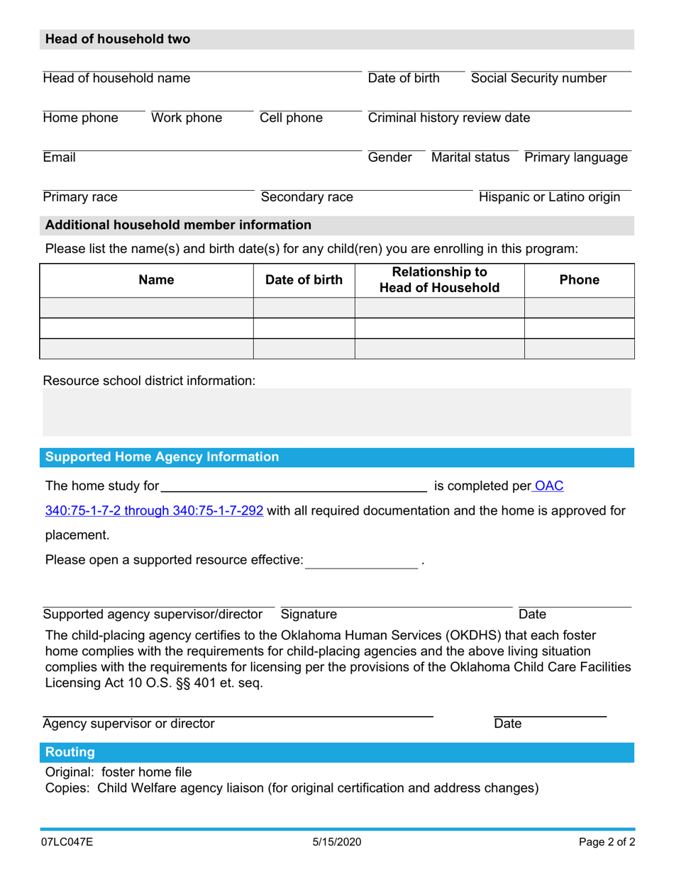 Form 07LC047E (OCC-47) Child Placing Agency Certification Report - Oklahoma, Page 2
